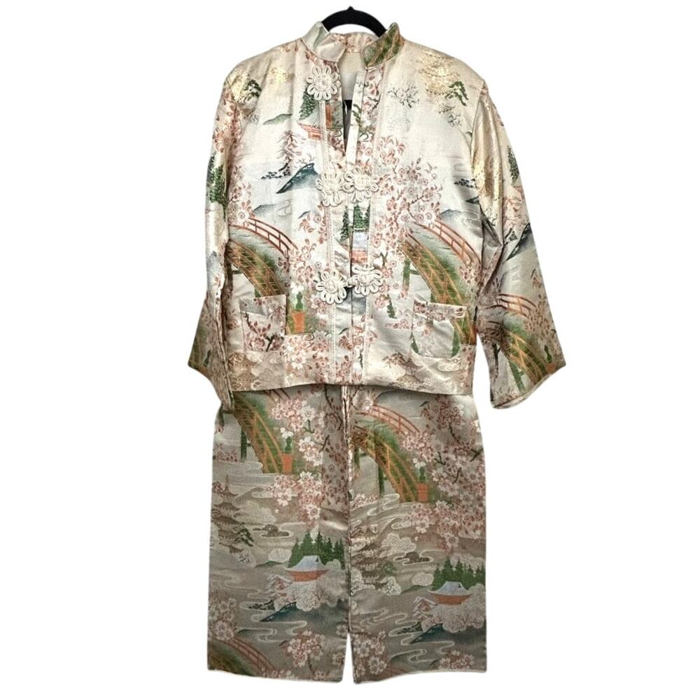 Vintage Silk Brocade Chinoiserie Lounge Set Sz M Mandarin Jacket Wide Leg Pant